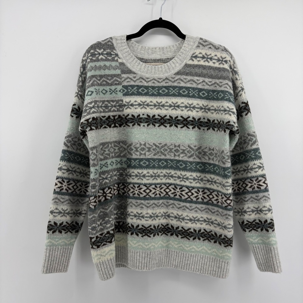 LOFT Womens M‎ Sweater Grey Mint Green Fair Isle Crew Neck Pullover Winter Cozy